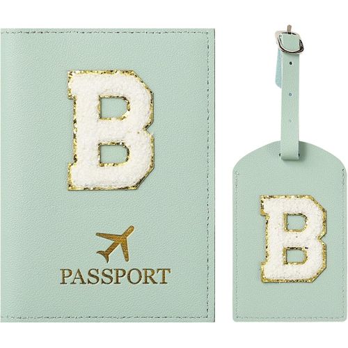 TIANYI-Protege Passeport Vert et Etiquette Valise CostumePochette Passeport avec Lettre, Cuir PU, Cadeaux Femme Voyage Accessoires, Très Mignons, Adaptés aux FemmesMâle, Adolescent, Filles (Vert B)