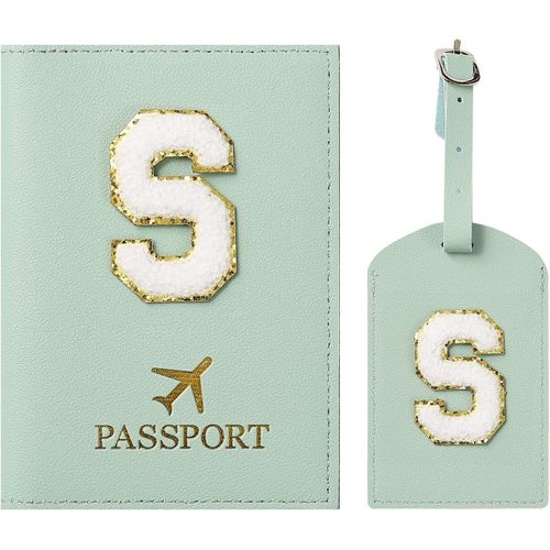 TIANYI-Protege Passeport Vert et Etiquette Valise CostumePochette Passeport avec Lettre, Cuir PU, Cadeaux Femme Voyage Accessoires, Très Mignons, Adaptés aux FemmesMâle, Adolescent, Filles (Vert S)