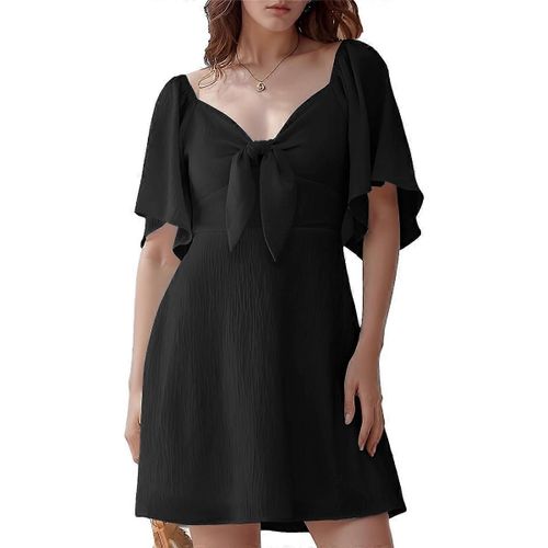 Robe Courte Élégante À Col En V Profond Et N?ud Papillon, Noire, Taille S
