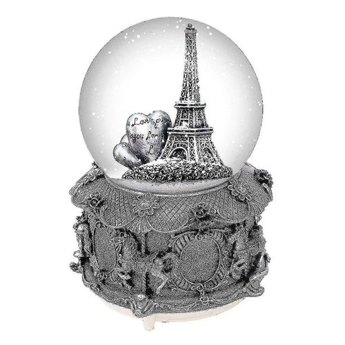 Boule à neige musicale Tour Eiffel de Paris avec chute de neige automatique et lumières colorées, 100 mm, 6 cm de haut, argentée