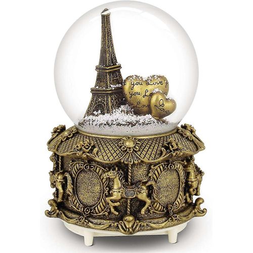 Boule à neige musicale Tour Eiffel de Paris avec chute de neige automatique et lumières colorées, 100 mm, 6 cm de haut, dorée