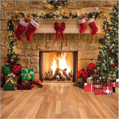 Toile de fond Joyeux Noël 8x8 pieds, arbre, chaussette, cadeau, décorations de fête de famille, toiles de fond, thème de cheminée de Noël, bonne année, photos d'arrière-plan B
