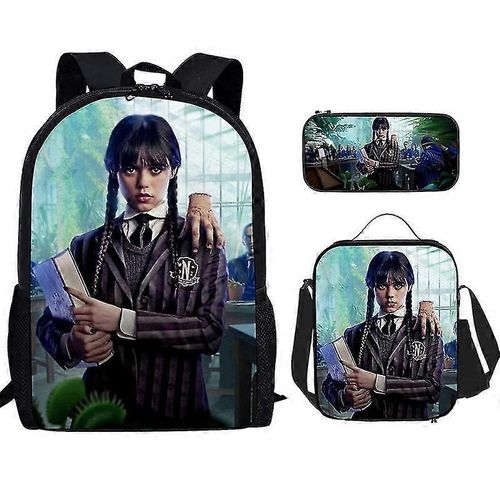 Sac à dos imprimé Mercredi Addams pour enfants, lot de 3 pièces, trousse à crayons, sac à bandoulière, cartable, cadeaux, packs repas de haute qualité