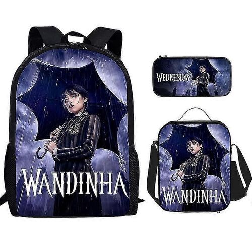 Sac à dos imprimé Mercredi Addams pour enfants, lot de 3 pièces, trousse à crayons, sac à bandoulière, cartable, cadeaux, packs repas de haute qualité