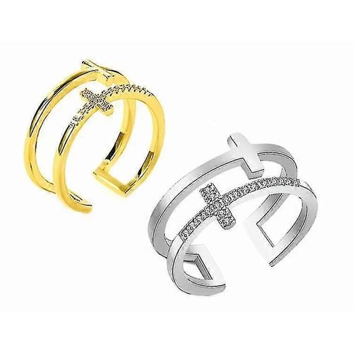 Lot De 2 Bagues En Argent Avec Inscription En Diamant Et Double Croix