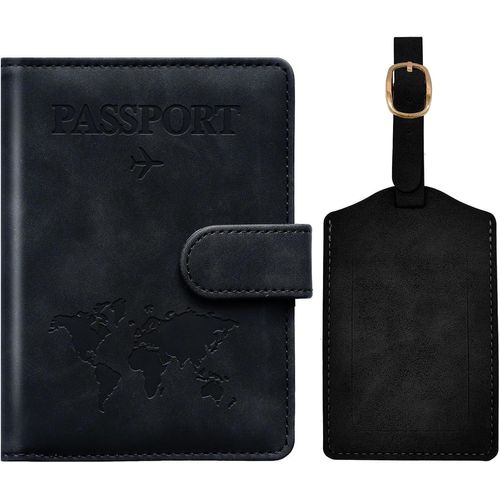 TIANYI-Protege Passeport Francais et Etiquette Valise, Protège Passeport avec Bloqueur RFID, Protège-passeports pour Hommes et Femmes, Passport Cover pour Travel Essentials, Passport Holder (Noir)