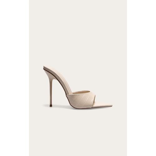 Mules Pointues En Pu Crème Effet Croco Talon Aiguille Haut Crème