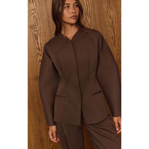 Blazer De Tailleur Tissé Deluxe Marron Foncé Sans Revers, Marron Foncé
