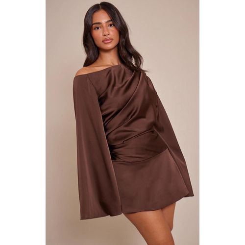 Petite Mini Robe De Tailleur Tissée Chocolat À Épaule Dénudée, Chocolat
