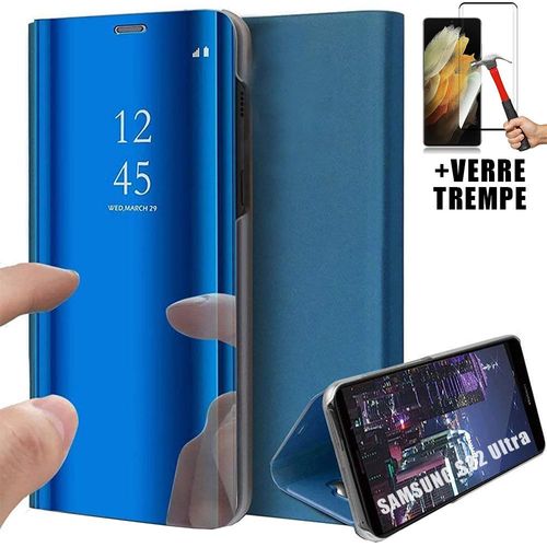 Coque Samsmung S22Ultra (6.8Ó) +Lot 2 Verres Trempes. Coque Design Tendance Effet Miroir Anti-Choc Protection Renforcee Bleu