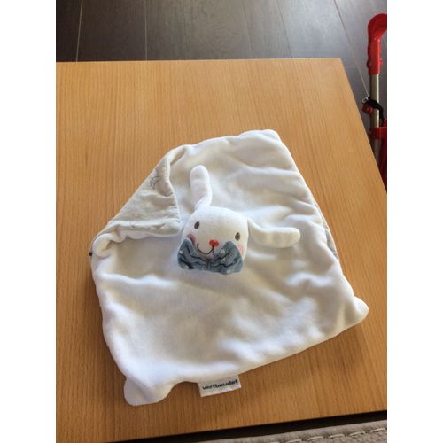 Doudou Lapin Blanc Beige Plat Carré Vertbaudet Étoiles Lunes