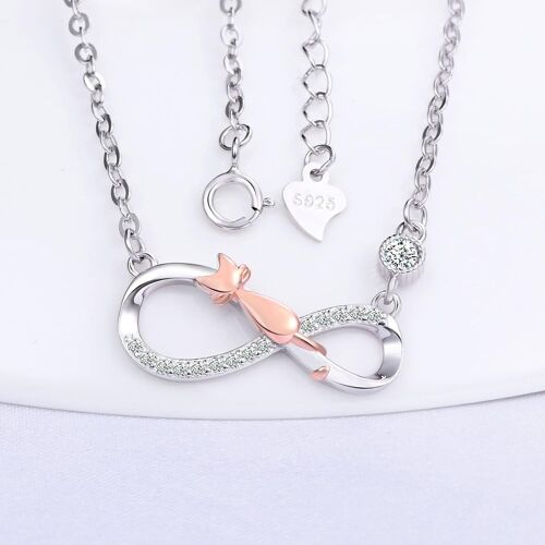 Collier Et Boucles D'oreilles Femmes Et Filles, Bijoux Parures En Argent 925, Bijoux De Symbole De L'infini Avec Chat Mignon Or Rose, Procédé Unique De Galvanoplastie Couleur, Orné Zircon