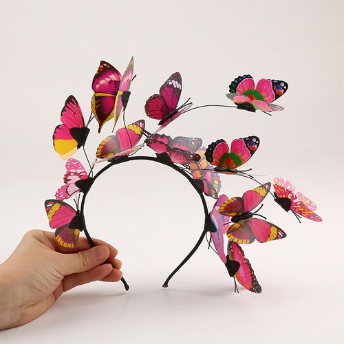 Tzf-Bandeau Papillon Cheveux Femme Serre-Tête Elastique Avec 14pcs Aléatoire 3d Papillons Pour Mariage Photographie Halloween Cosplay Déguisement Rouge Carmin