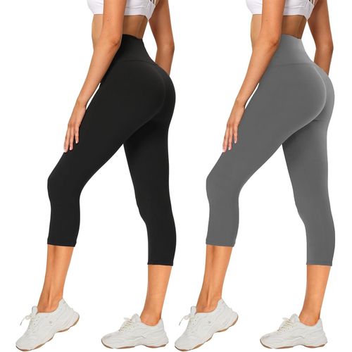 Lot De 2 Leggings 3/4 Pour Femme - Taille Haute - Opaques - Courts - Pantalon De Sport Élastique - Pour Le Yoga, Le Fitness, L'extérieur Et Les Loisirs, Noir + Gris Foncé., 44-50