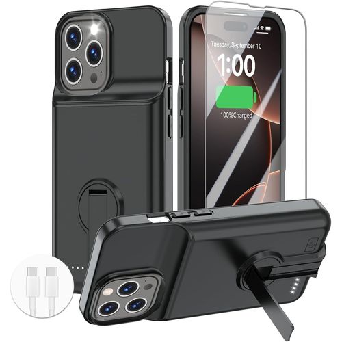 Kalanka-Coque De Batterie Pour Iphone 16 Pro Max, Coque De Charge Avec Support, 8500 Mah, Rechargeable, Ultra Fine, Protection Anti-Chute, Batterie Étendue, Chargeur Pour Iphone 16 Pro Max 6,9