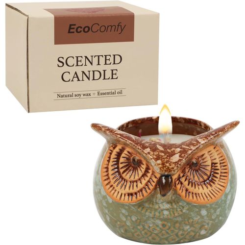 Bougie En Forme De Chouette - Cadeau Pour Femme - Bougie Parfumée À La Vanille - 350 G - Avec Fleurs Séchées - Coffret Cadeau Avec 30 Heures De Combustion