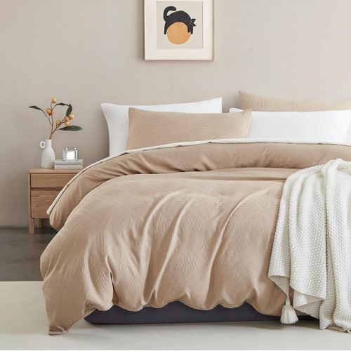 Tzf-Parure De Lit 135 X 200 Cm - Beige Gaufré - Tricot À La Main - Motif Géométrique - Housse De Couette Et 1 Taie D'oreiller 80 X 80 Cm - Avec Fermeture Éclair