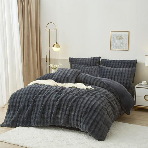 Hiver Housse De Couette En Peluche 220x240 Gris Cashmere Touch Moelleux & Chaud Coral Fleece Housse De Couette Unie Avec Fermeture Éclair Avec 2 Taie D'oreiller 65x65 Cm