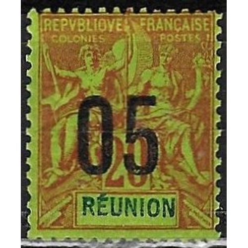 La Réunion, Colonie Française 1912, Beau Timbre Neuf* Yvert 74, Type Sage "Colonies" 20c. Brique Sur Vert Jaune, Surchargé "05".
