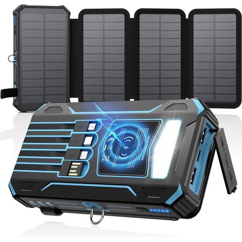 -Chargeur-Solaire-Power-Bank - 27000mah 15w Usb C Charge Rapide Chargeur Portable Avec 4 Câbles Intégrés Et Panneaux Solaires, Batterie Externe Sans Fil Pour Camping (Bleu)