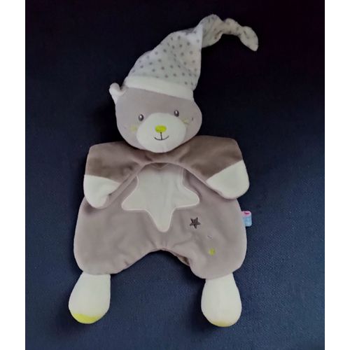 Doudou plat chat SUCRE D'ORGE étoiles bonnet de nuit gris blanc 26 cm