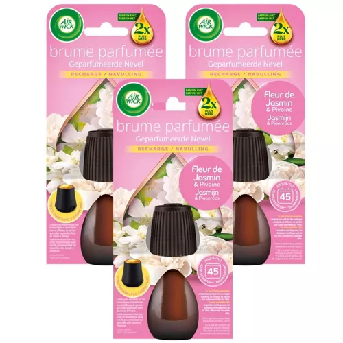 AIR WICK Lot de 3 Recharges Diffuseur Brume Parfumée désodorisant Huiles essentielles Fleur de Jasmin & Pivoine