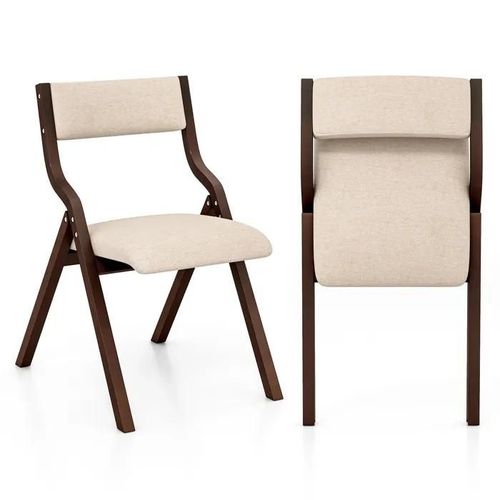 Costway Lot 2 Chaises De Salle À Manger Pliantes - Rembourrées Avec Structure En Bois Massif - Dossier En Tissu De Lin Beige