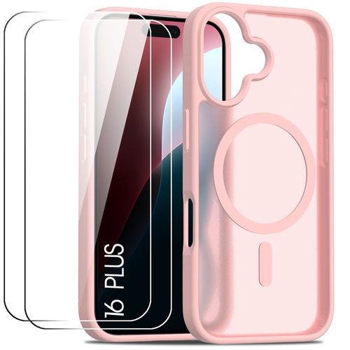 Coque Et 2 Verres Trempés Pour Iphone 16 Plus, Protection Avec Anneau Magnétique - Rose - E.F.Connection