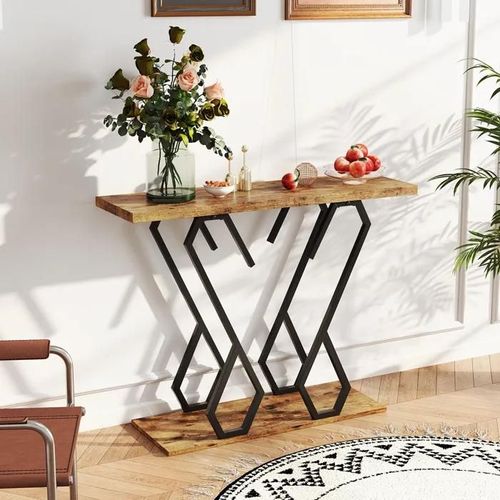 Costway Table Console, Meuble D'entrée Effet Marbre 100 X 30 X 79 Cm Cadre En Métal Doré Design Géométrique Moderne Marron