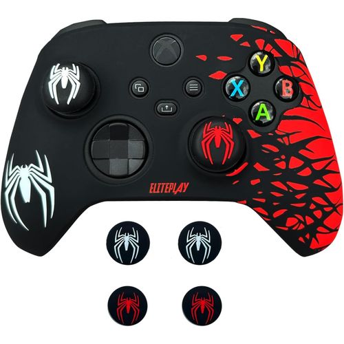 Black And Red Spider Anti-Slip Silicone Cover Skin For Xbox Controller,Soft Rubber Case For Xbox Series X,Series S And Xbox One Wireless Controller With 2 Sets Thumb Grips