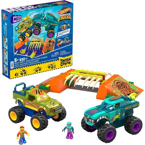 Mega Hot Wheels Monster Trucks Tremplin Osseux Chocs Et Fracas Coffret De Construction Contenant 332 Pièces Et 2 Mini-Figurines Articulées,Cadeau Pour Enfants Jouet Enfant,Dès 3 Ans,Hkf89