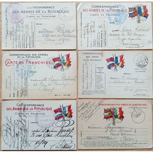 Guerre 14-18 : Lot 6 Cartes Drapeaux Correspondance Des Armées Et Cachets Militaires
