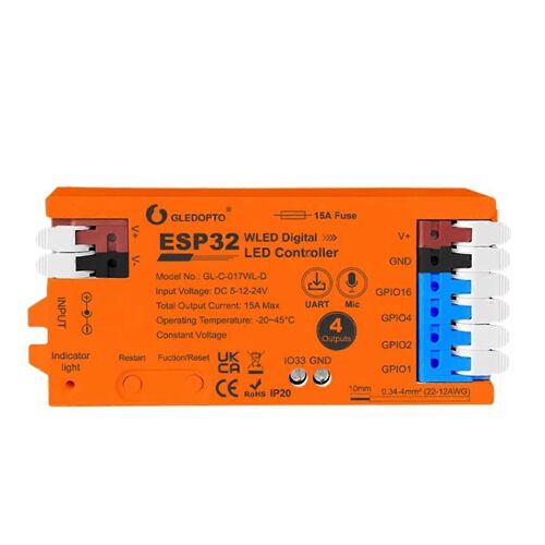 Contrôleur WLED ESP32 avec 4 sorties, fusible 15 A, micro, son, lumières dynamiques, relais d'économie d'énergie DIY