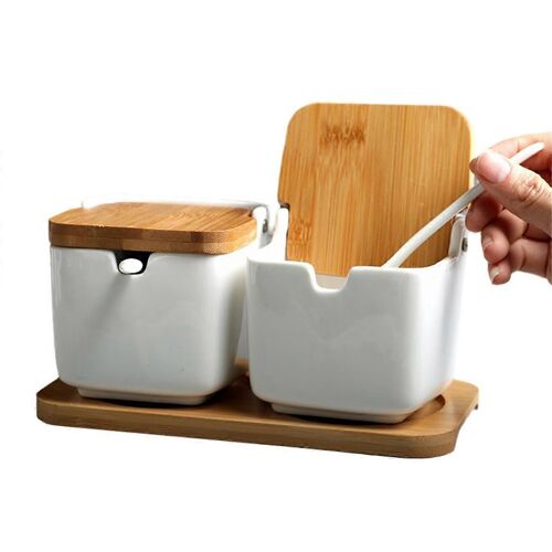 Pot à épices carré en céramique avec couvercle rabattable et plateau, pour usage domestique, pour la cuisine