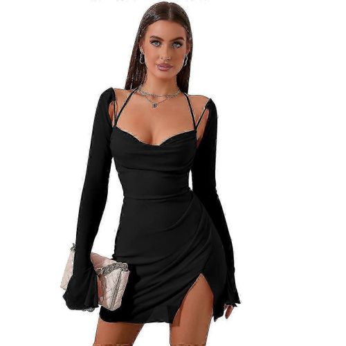 Robe Courte Froncée En Maille À Col Licou Et Manches Volantées Pour Femme - L