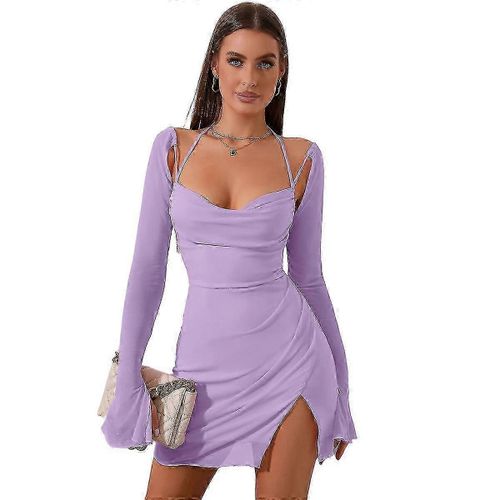 Robe Courte Froncée En Maille À Col Licou Et Manches Volantées Pour Femme - Xl