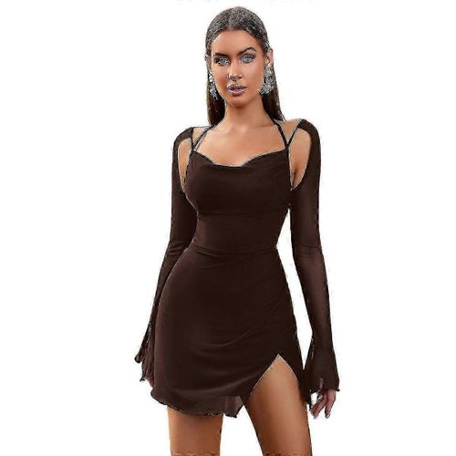 Robe Courte Froncée En Maille À Col Licou Et Manches Volantées Pour Femme - M