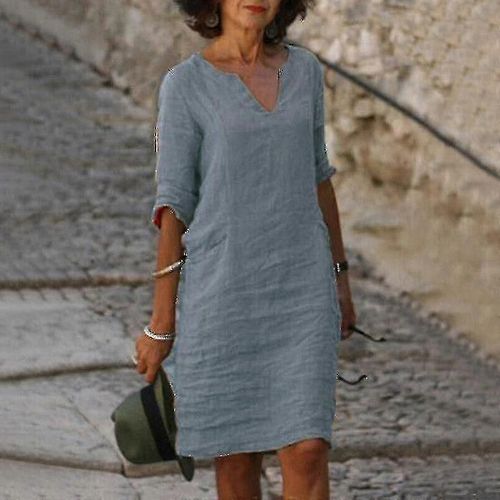 Robe Mi-Longue Ample À Manches Courtes En Coton Et Lin Pour Femme, Couleur Unie, Col En V, Taille 9