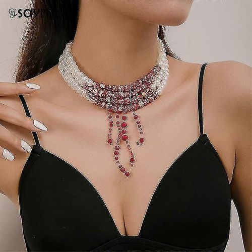 Collier De Perles D'imitation À Motif Sanglant Pour Halloween, Collier Court Multicouche À Perles, Accessoires De Bijoux De Fête Gothiques