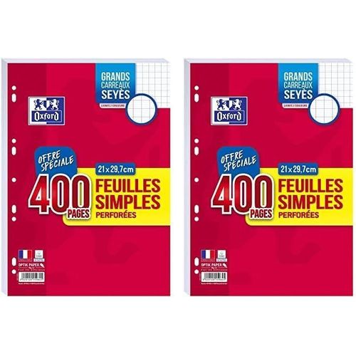 Patq-Oxford Lot De 800 Pages Feuilles Simples Grands Carreaux Seyes Format A4 (21x29,7cm) Perforees