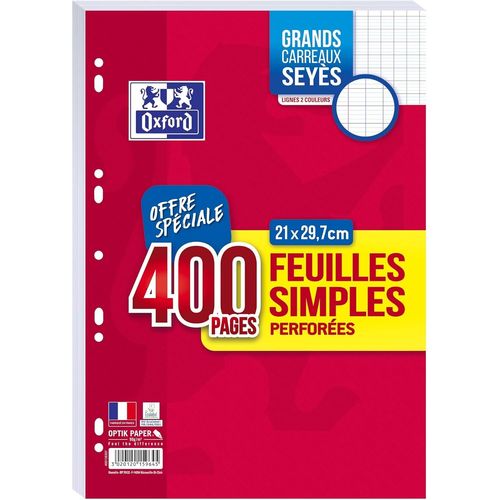 Patq-Oxford Lot De 400 Pages Feuilles Simples Grands Carreaux Seyes Format A4 (21x29,7cm) Perforees