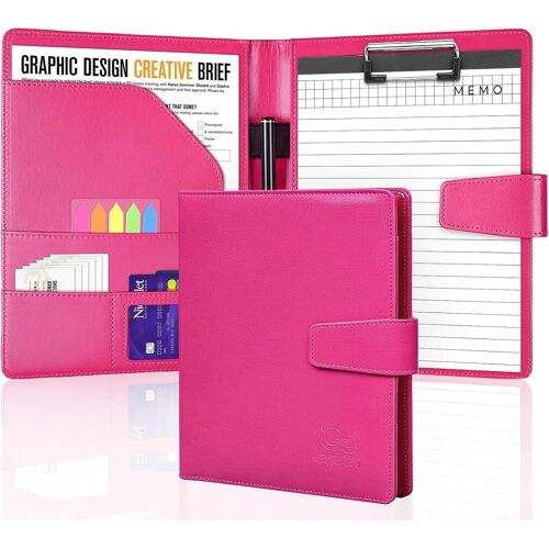 Porte Bloc A5, Porte Documents A5 Porte-Bloc en Pu Cuir avec Fermeture Magnétique, Conférencier avec Bloc-Notes, avec Onglets Adhésifs de Rangement, Stylo pour Réunions de Bureau, Rose Rouge