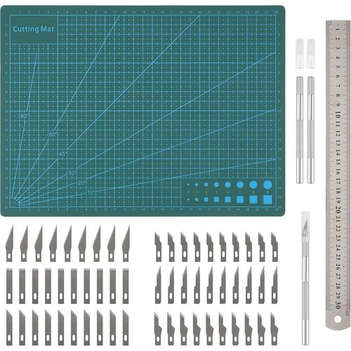 Patq-Belle Vous Ensemble De 65 Lames Artisanales Avec Tapis De Découpe A4 - Kit Modelisme Exacto - Idéal Pour Le Papier, Scrapbooking, Modélisme, Bricolage, Pochoirs Et Plus Encore