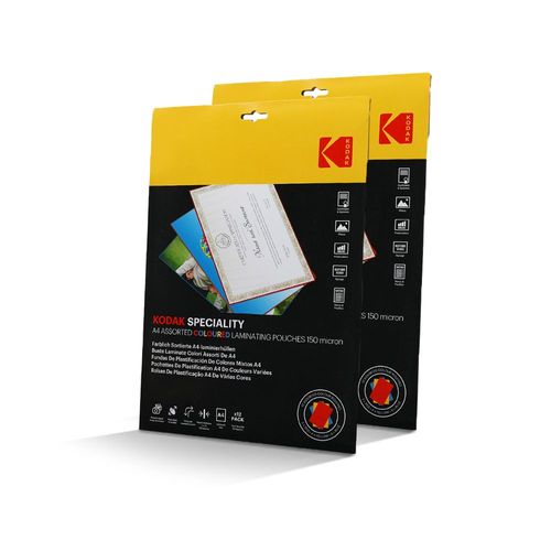 Kodak Pochettes De Plastification Couleur Kd-Lma4clr-Pk12c – 2 X 12 (24), 150 Microns, 3 Couleurs : Rouge, Jaune, Bleu – A4