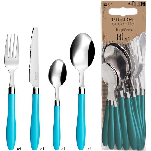 Sept-Pradel Essentiel - Ménagère 16 Couverts De Table Pour 4 Personnes - Réglisse - Acier Inoxydable 18/0, Finition Standard - Bleu Turquoise