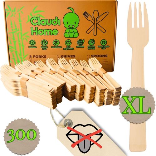 TIANYI-Sans goût de bois - 300 Fourchettes Jetables Compostables en Bambou Ecologique - Set de 300 Fourchettes 16 cm. Picnic, Barbecue, Fête, Camping @