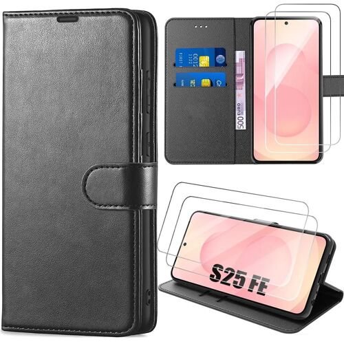 Coque + 2 Verres Trempés Pour Samsung Galaxy S25 Fe, Protection Cuir Synthétique Antichoc Anti-Rayures Noir - Efconnection