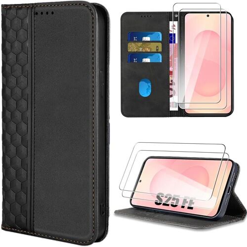 Coque + 2 Verres Trempés pour Samsung Galaxy S25 FE, Synthécuir Noir Motif Mosaïque avec Porte-Cartes - EFConnection