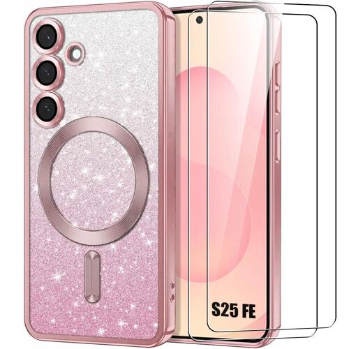 Coque + 2 Verres Trempés pour Samsung Galaxy S25 FE, Silicone avec Cercle Magnétique Protection Caméra - Rose Scintillant - EFConnection