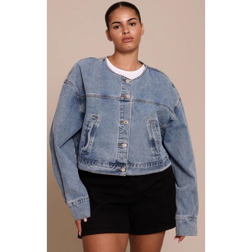 Plus Veste Courte En Jean Bleu Moyen Délavé Sans Revers, Bleu Moyen Délavé